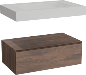Balmani Mitra Elements hängendes Möbelstück Set: 90 x 55 cm, Amerikanischer Nussbaum mit Modus Einzelwaschtisch, Solid Surface Weiß matt