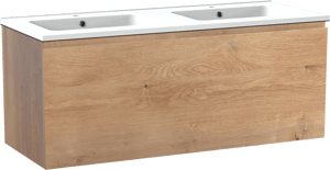 Linie Lado meuble salle de bains suspendu 120 x 46 cm chêne naturel avec Vano double vasque en marbre composite blanc mat