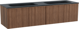 Balmani Forma zwevend badmeubel 180 x 55 cm amerikaans notenhout met Tablo Strada dubbele wastafel in composietmarmer mat zwart, Verticale asymmetrische ronde ribbel