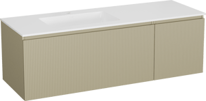 Storke Ribs zwevend badkamermeubel 150 x 52 cm zijdegrijs met Bilia asymmetrisch linkse wastafel in composietmarmer glanzend wit, Verticale symmetrische rechte ribbel