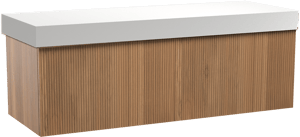 Balmani Forma zwevend badkamermeubel 150 x 55 cm teak met Dominus enkel of dubbel tablet in solid surface mat wit, Verticale symmetrische rechte ribbel