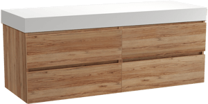 Balmani Lucida hängendes Möbelstück Set: 150 x 55 cm, Teak, mit Dominus Einzel- oder Doppel Waschtischplatte, Solid Surface Weiß matt