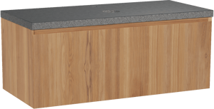 Balmani Idra by Mitra hängendes Möbelstück Set: 120 x 55 cm, Teak, mit Rock Einzel Waschtischplatte, Schwarzes Granit