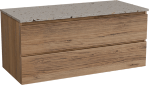 Balmani Lucida hängendes Möbelstück Set: 120 x 55 cm, Teak, mit Stretto Einzel- oder Doppel Waschtischplatte, Terrazzo in Greige