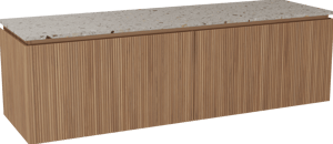 Balmani Eclips meuble salle de bains suspendu 180 x 55 cm Teck avec Stretto tablette simple ou double en Terrazzo greige, Nervure droite symétrique verticale