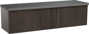 Balmani Forma zwevend badkamermeubel 180 x 55 cm gerookte eik met Rock dubbel tablet in graniet zwart, Verticale symmetrische rechte ribbel