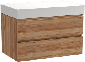 Balmani Lucida zwevend badmeubel 90 x 55 cm teakhout met Dominus enkel wastafelblad in solid surface mat wit