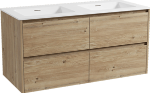 Storke Seda zwevend badkamermeubel 120 x 52 cm ruwe eik met Mata dubbele wastafel in solid surface mat wit