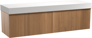 Balmani Forma zwevend badkamermeubel 180 x 55 cm teak met Dominus enkel of dubbel tablet in solid surface mat wit, Verticale symmetrische rechte ribbel