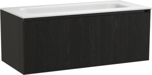 Balmani Fila by Mitra zwevend badmeubel 120 x 55 cm zwart eiken met Tablo Arcato enkele wastafel voor 2 kraangaten in solid surface mat wit, Verticale symmetrische rechte ribbel