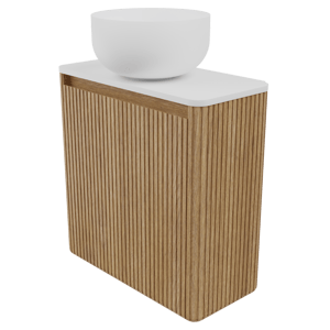 Balmani Fara Ribs meuble wc suspendu 45 x 22 cm chêne naturel avec Fara Stretto tablette et Bowl vasque à poser en Solid Surface mat
