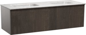 Balmani Forma zwevend badkamermeubel 150 x 55 cm gerookte eik met Tablo Arcato dubbele wastafel in marmer carrara, Verticale symmetrische rechte ribbel
