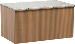 Balmani Forma hängendes Möbelstück Set: 90 x 55 cm, Teak, mit Stretto Einzel Waschtischplatte, Terrazzo in Weiß/Schwarz matt, Vertikale symmetrische gerade Rippe
