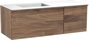 Balmani Forma zwevend badkamermeubel 135 x 55 cm amerikaanse notelaar met Tablo Stretto asymmetrisch linkse wastafel in solid surface mat wit, Horizontale symmetrische rechte ribbel