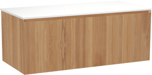 Balmani Idra by Mitra hängendes Möbelstück Set: 120 x 55 cm, Teak, mit Stretto Einzel- oder Doppel Waschtischplatte, Solid Surface Weiß matt