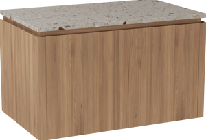 Balmani Eclips hängendes Möbelstück Set: 90 x 55 cm, Teak, mit Stretto Einzel Waschtischplatte Greige Terrazzo