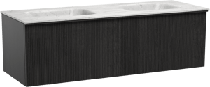 Balmani Forma hängendes Möbelstück Set: 150 x 55 cm, Schwarze Eiche, mit Tablo Arcato Doppelwaschtisch, Marmor, Carrara, Vertikale symmetrische gerade Rippe