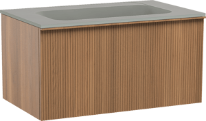 Balmani Forma hängendes Möbelstück Set: 90 x 55 cm, Teak, mit Tablo Strada Einzelwaschtisch, Marmorkomposit, Seidengrau, Vertikale symmetrische gerade Rippe
