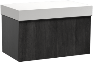 Balmani Forma zwevend badmeubel 90 x 55 cm zwart eiken met Dominus enkel wastafelblad in solid surface mat wit, Verticale symmetrische rechte ribbel