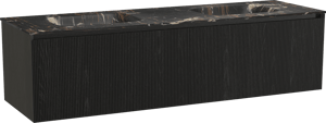 Balmani Fila by Mitra meuble salle de bains suspendu 180 x 55 cm chêne noir avec Tablo Arcato double vasque en marbre portoro gold, Nervure droite symétrique verticale