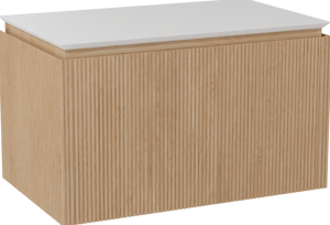 Balmani Eclips meuble salle de bains suspendu 90 x 55 cm Chêne naturelle avec Eclips tablette simple en Solid Surface blanc mat, Nervure droite symétrique verticale