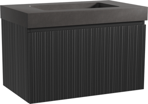 Storke Ribs zwevend badkamermeubel 85 x 52 cm zwarte eik met Scuro High enkele wastafel in kwarts mat zwart, Verticale asymmetrische rechte ribbel