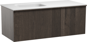 Balmani Forma zwevend badkamermeubel 120 x 55 cm gerookte eik met Tablo Arcato asymmetrisch linkse wastafel in solid surface mat wit, Verticale symmetrische rechte ribbel