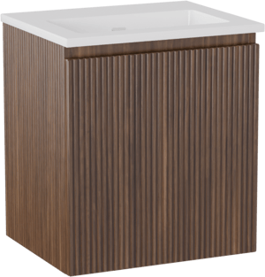Storke Ribs zwevend badkamermeubel 45 x 35 cm notelaar met Diva enkele wastafel in composietmarmer glanzend wit, Verticale symmetrische rechte ribbel
