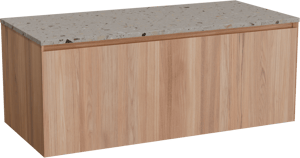 Balmani Idra by Mitra hängendes Möbelstück Set: 120 x 55 cm, Teak, mit Stretto Einzel- oder Doppel Waschtischplatte, Terrazzo in Greige