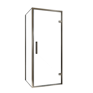 Balmani Senses Design Eckdusche: Drehtür (Rechts) mit fixierte Seitenwand, 90 x 70 cm, Klarglas, Profil Brushed GunMetal, inklusive Coating