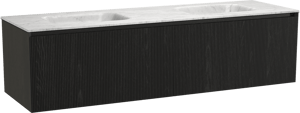 Balmani Fila by Mitra meuble salle de bains suspendu 180 x 55 cm chêne noir avec Tablo Arcato double vasque en marbre carrare, Nervure droite symétrique verticale