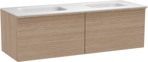 Balmani Forma zwevend badmeubel 150 x 55 cm naturel eiken met Tablo Arcato dubbele wastafel in solid surface mat wit, Horizontale symmetrische rechte ribbel