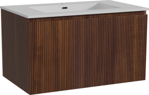 Storke Ribs meuble salle de bains suspendu 85 x 52 cm noyer avec Diva plan simple en marbre composite blanc brillant, Nervure droite symétrique verticale
