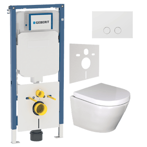 Luca Varess Calibro wc suspendu blanc brillant bride de rinçage fine compact avec Geberit Duofix UP720 Sigma bâti-support et plaque de commande