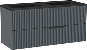 Linie Ribbo meuble salle de bains suspendu 120 x 46 cm bleu anthracite avec Vano double vasque en marbre composite noir mat, Nervure circulaire symétrique verticale