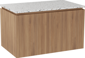 Balmani Eclips hängendes Möbelstück Set: 90 x 55 cm, Teak, mit Stretto Einzel Waschtischplatte Bianco Nero Terrazzo