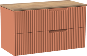Linie Ribbo zwevend badkamermeubel 100 x 46 cm cotto met Lado enkel of dubbel tablet in melamine natuur eik, Verticale symmetrische ronde ribbel