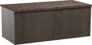 Balmani Forma zwevend badkamermeubel 120 x 55 cm gerookte eik met Stretto enkel of dubbel tablet in marmer dark emperador, Verticale symmetrische rechte ribbel