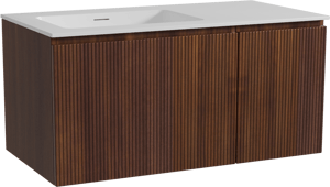 Storke Ribs zwevend badkamermeubel 100 x 52 cm notelaar met Mata asymmetrisch linkse wastafel in solid surface mat wit, Verticale symmetrische rechte ribbel