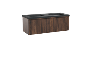 Balmani Forma zwevend badkamermeubel 135 x 55 cm amerikaanse notelaar met Napoli dubbele wastafel in graniet zwart, Verticale symmetrische rechte ribbel