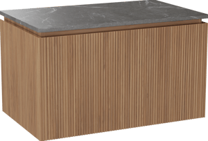 Balmani Eclips hängendes Möbelstück Set: 90 x 55 cm, Teak, mit Stretto Einzel Waschtischplatte Pietra Grey Marmor, Vertikale symmetrische gerade Rippe