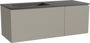 Storke Ribs zwevend badkamermeubel 130 x 52 cm zijdegrijs met Scuro asymmetrisch linkse wastafel in kwarts mat zwart, Verticale symmetrische rechte ribbel