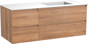 Balmani Mitra meuble salle de bains suspendu 135 x 55 cm teck avec Tablo Stretto vasque asymétrique droite en solid surface blanc mat