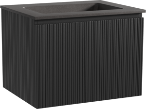 Storke Ribs zwevend badkamermeubel 65 x 52 cm zwarte eik met Scuro enkele wastafel in kwarts mat zwart, Verticale asymmetrische rechte ribbel