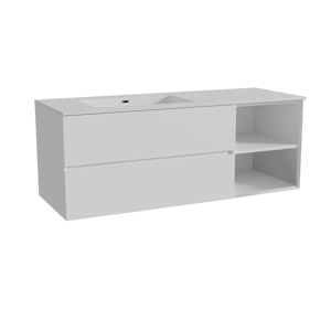 Storke Edge zwevend badkamermeubel 140 x 52 cm mat wit met Diva asymmetrisch linkse wastafel in composietmarmer glanzend wit