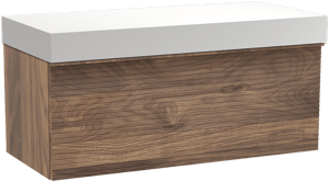 Balmani Forma meuble salle de bains suspendu 120 x 55 cm noyer américain avec Dominus tablette simple ou double en solid surface blanc mat, Nervure droite symétrique horizontale