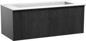 Balmani Forma zwevend badmeubel 120 x 55 cm zwart eiken met Tablo Stretto enkele wastafel voor 2 kraangaten in solid surface mat wit, Verticale symmetrische rechte ribbel