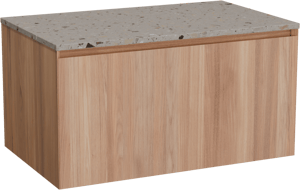 Balmani Idra by Mitra hängendes Möbelstück Set: 90 x 55 cm, Teak, mit Stretto Einzel Waschtischplatte, Terrazzo in Greige