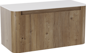 Storke Soft zwevend badkamermeubel 100 x 46 cm ruwe eik met Tavola Soft enkele tablet in solid surface mat wit