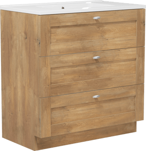 Linie Classo staand badkamermeubel 80 x 46 cm natuur eik met Vano enkele wastafel in composietmarmer glanzend wit